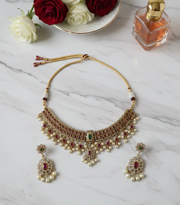 The Maharaja’s Heritage: Ruby and Pearl Choker Set with Emerald Accents